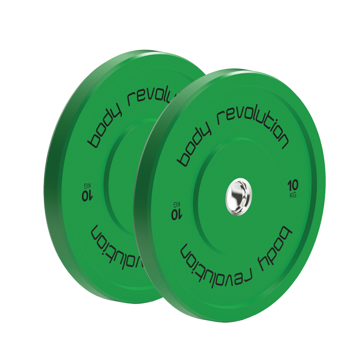 Zwei grüne 10 kg olympische Bumper Plates von Body Revolution mit glatter Oberfläche, robustem Material und präzisen Gewichtsangaben auf der Seite