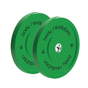 Zwei grüne 10 kg olympische Bumper Plates von Body Revolution mit glatter Oberfläche, robustem Material und präzisen Gewichtsangaben auf der Seite