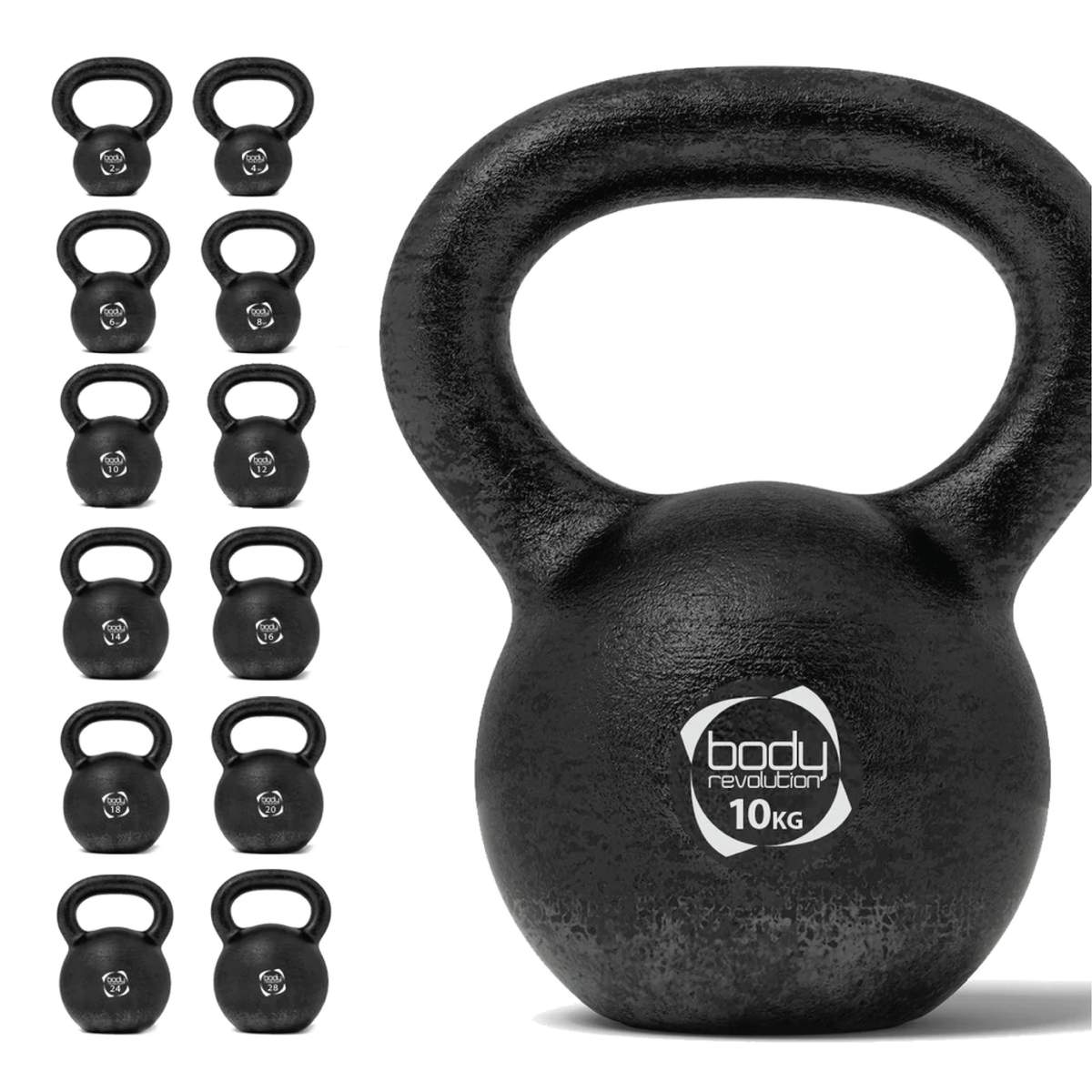 Gusseisen Kettlebell mit 10 kg, matt schwarze Oberfläche, runde Form, stabiler Griff, ideal für Krafttraining und Fitnessübungen