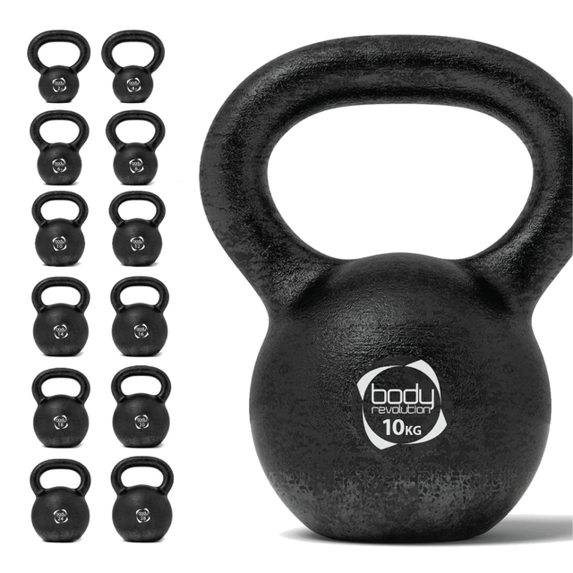 Gusseisen Kettlebell mit 10 kg, matt schwarze Oberfläche, runde Form, stabiler Griff, ideal für Krafttraining und Fitnessübungen