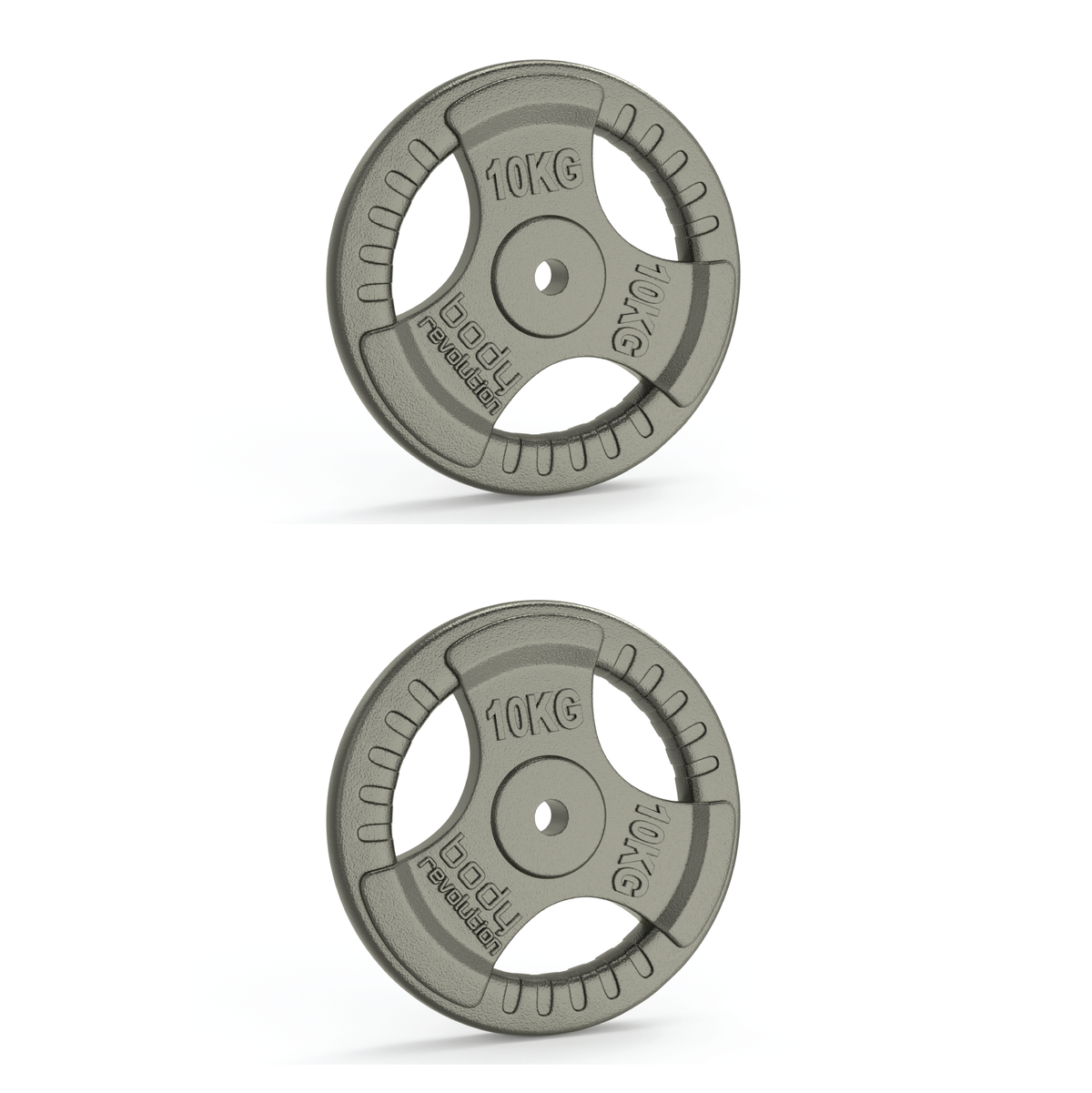 Zwei 10 kg Gusseisen Gewichtsscheiben mit 1” Standard Tri-Griff, grau, robust, mit rutschfestem Griff und präzisen Gewichtsanzeigen