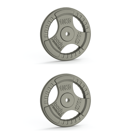 Zwei 10 kg Gusseisen Gewichtsscheiben mit 1” Standard Tri-Griff, grau, robust, mit rutschfestem Griff und präzisen Gewichtsanzeigen