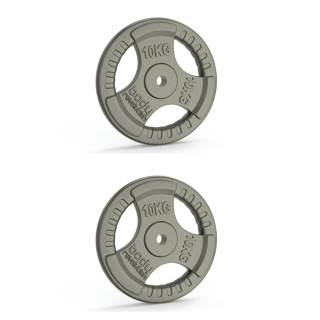 Zwei 10 kg Gusseisen Gewichtsscheiben mit 1” Standard Tri-Griff, grau, robust, mit rutschfestem Griff und präzisen Gewichtsanzeigen