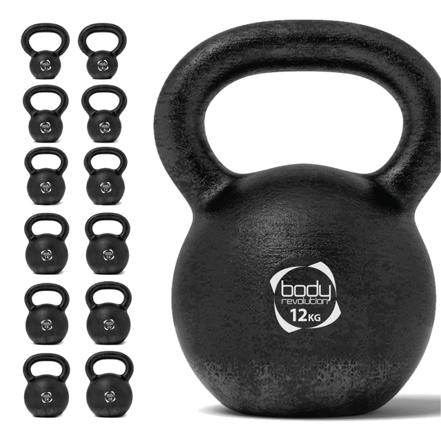 Schwarze Kettlebell aus Gusseisen mit 12 kg, runde Form, strukturierte Oberfläche und breiter Griff für sicheren Halt während des Trainings
