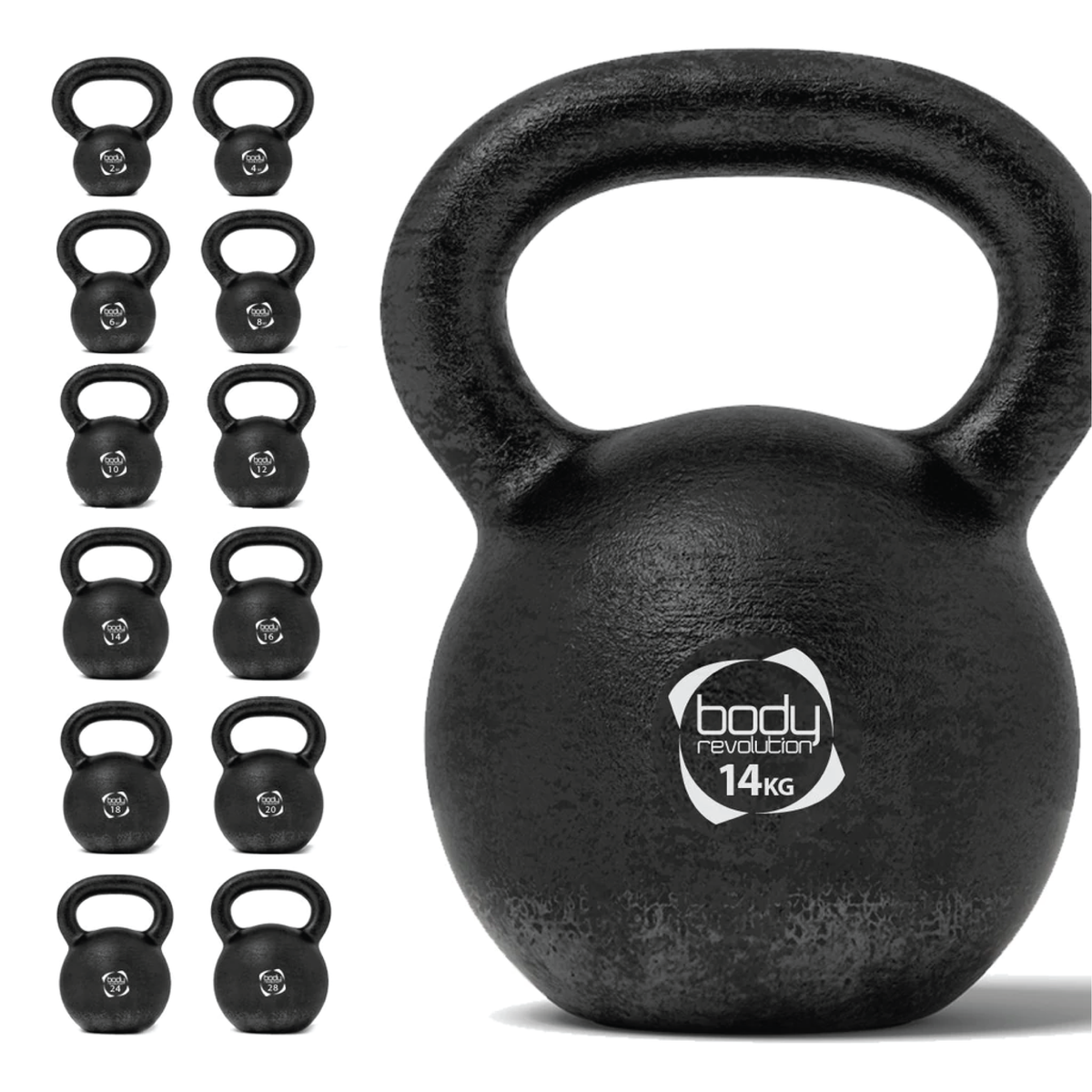 Schwarze Gusseisen-Kettlebell mit 14 kg, runder Form, strukturiertem Griff und einem Aufkleber, der das Gewicht anzeigt, ideal für Krafttraining