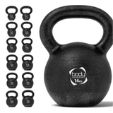 Schwarze Gusseisen-Kettlebell mit 14 kg, runder Form, strukturiertem Griff und einem Aufkleber, der das Gewicht anzeigt, ideal für Krafttraining