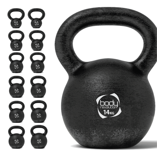 Schwarze Gusseisen-Kettlebell mit 14 kg, runder Form, strukturiertem Griff und einem Aufkleber, der das Gewicht anzeigt, ideal für Krafttraining