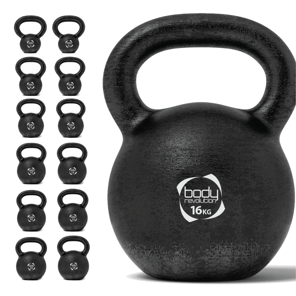 Schwarze Kettlebell aus Gusseisen mit 16 kg, runde Form, strukturierte Oberfläche für besseren Grip, ideal für Krafttraining und Fitnessübungen