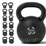 Schwarze Kettlebell aus Gusseisen mit 16 kg, runde Form, strukturierte Oberfläche für besseren Grip, ideal für Krafttraining und Fitnessübungen
