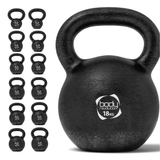 Schwarze Gusseisen-Kettlebell mit 18 kg, runde Form, strukturierte Oberfläche und stabiler Griff, ideal für Krafttraining und Fitnessübungen