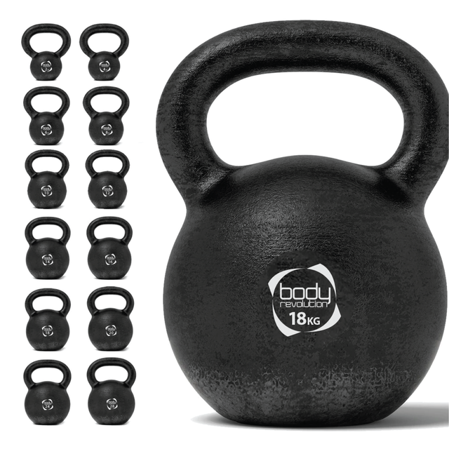 Schwarze Gusseisen-Kettlebell mit 18 kg, runde Form, strukturierte Oberfläche und stabiler Griff, ideal für Krafttraining und Fitnessübungen