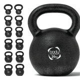 Schwarze Gusseisen-Kettlebell mit 20 kg, runde Form, strukturierte Oberfläche und stabiler Griff für effektives Krafttraining