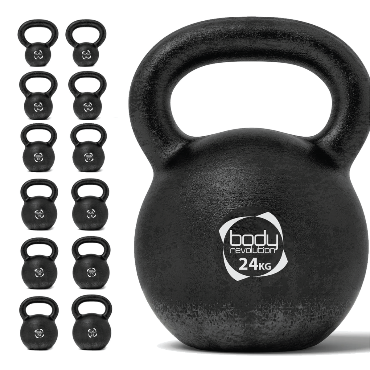 Schwarze Kettlebell aus Gusseisen mit 24 kg, runde Form, strukturierte Oberfläche für besseren Griff, ideal für Krafttraining und Fitnessübungen