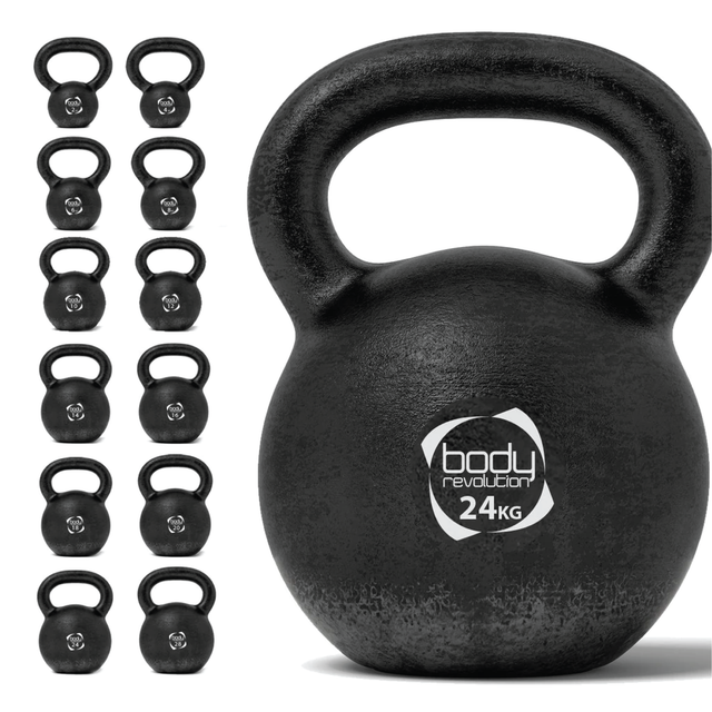 Schwarze Kettlebell aus Gusseisen mit 24 kg, runde Form, strukturierte Oberfläche für besseren Griff, ideal für Krafttraining und Fitnessübungen
