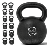 Gusseisen-Kettlebell mit 28 kg, schwarz, runde Form, robuste Oberfläche, ideal für Krafttraining und Fitnessübungen, mit markantem Logo