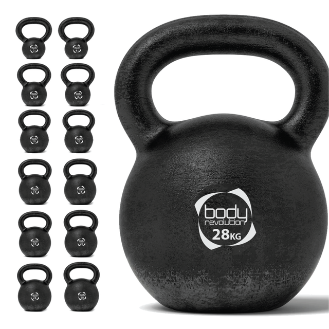 Gusseisen-Kettlebell mit 28 kg, schwarz, runde Form, robuste Oberfläche, ideal für Krafttraining und Fitnessübungen, mit markantem Logo