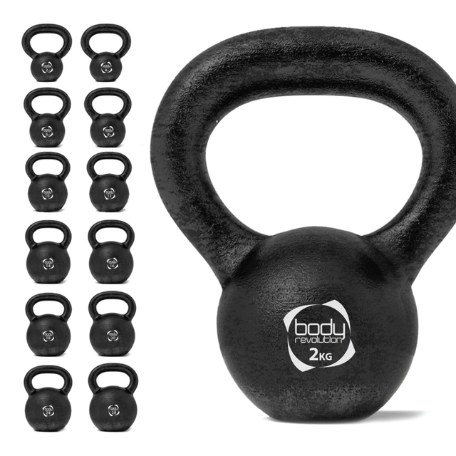 Gusseiserne Kettlebell mit einem Gewicht von 2 kg, schwarz, runde Form, griffiger, ergonomischer Griff für effektives Training