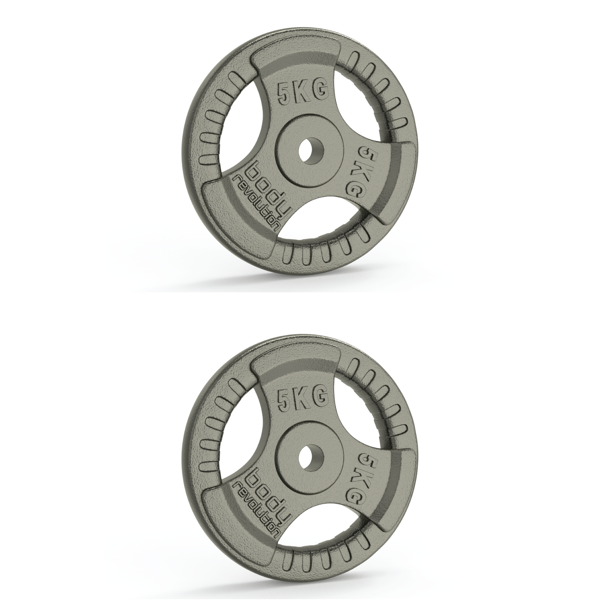Zwei 5 kg Gusseisen-Gewichtsscheiben mit 1-Zoll-Standard und Dreifach-Griff, robust, graue Farbe, runde Form, ideal für Krafttraining