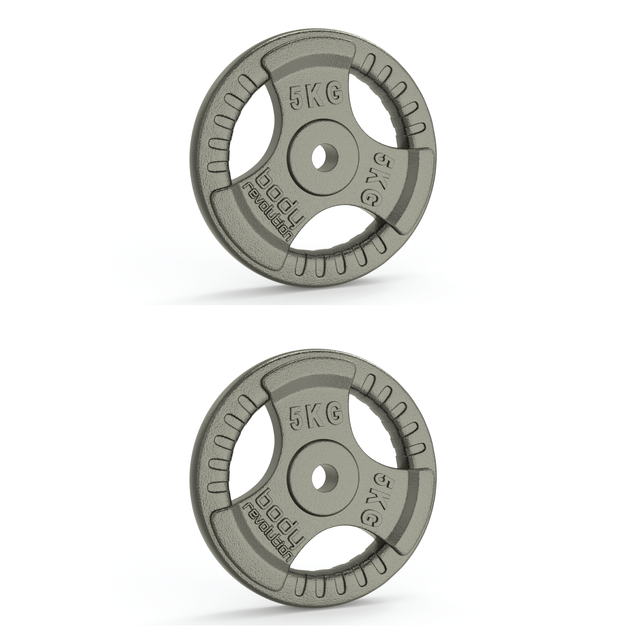 Zwei 5 kg Gusseisen-Gewichtsscheiben mit 1-Zoll-Standard und Dreifach-Griff, robust, graue Farbe, runde Form, ideal für Krafttraining