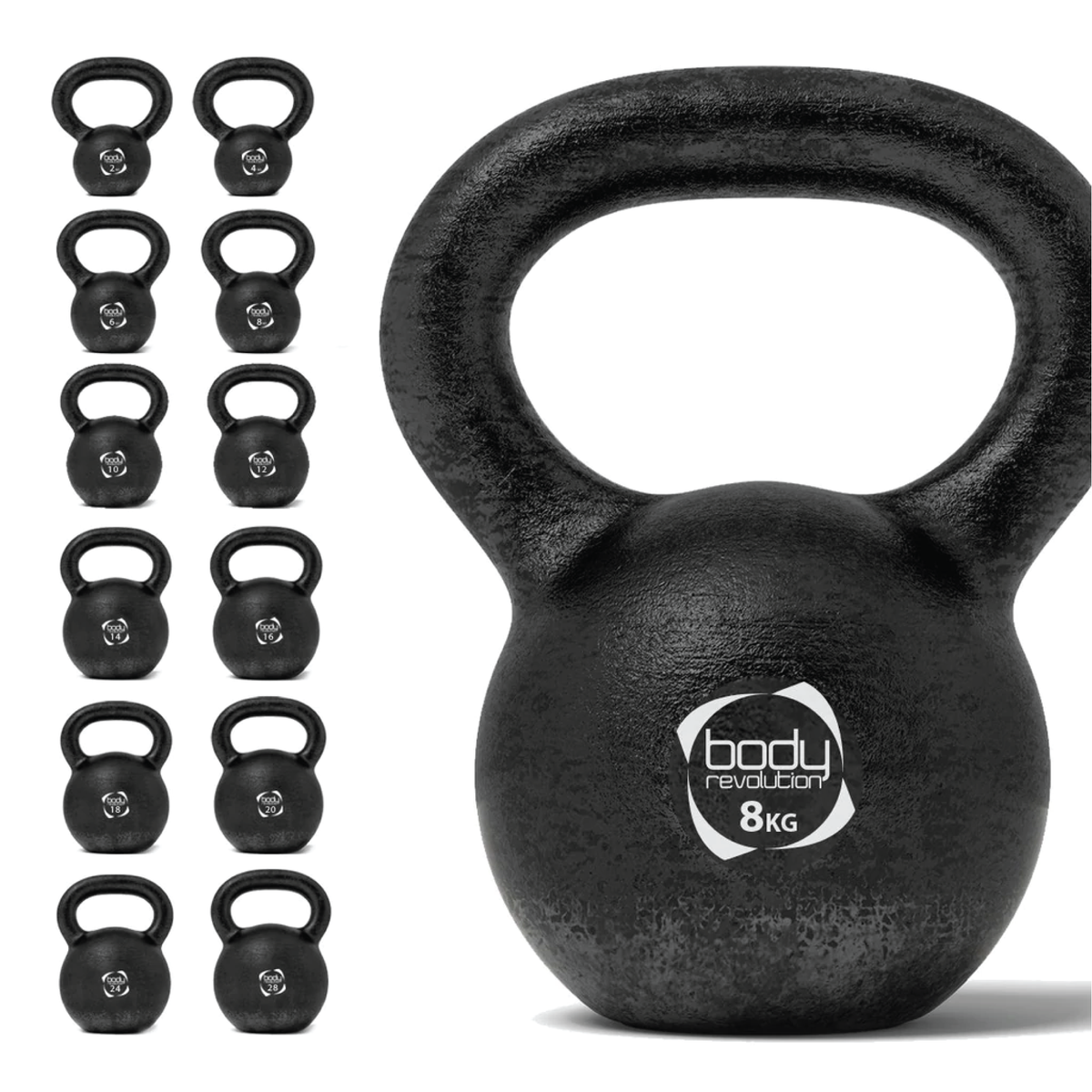 Schwarze Kettlebell aus Gusseisen mit 8 kg, runde Form, strukturierte Oberfläche und ergonomischer Griff für effektives Training