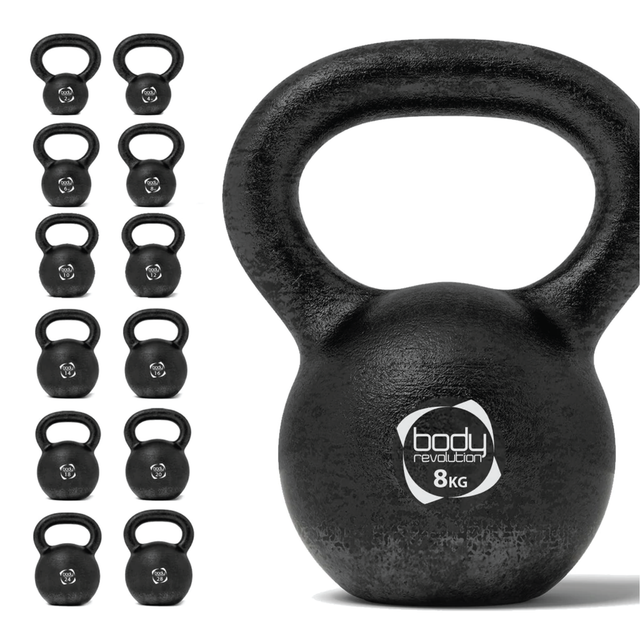 Schwarze Kettlebell aus Gusseisen mit 8 kg, runde Form, strukturierte Oberfläche und ergonomischer Griff für effektives Training