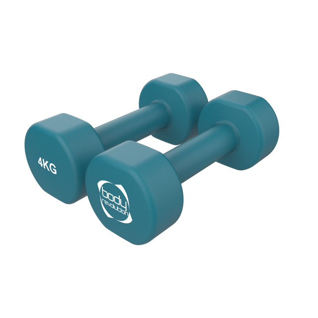 Neopren-Hanteln in Türkis mit einem Gewicht von 4 kg, quadratischer Form und rutschfester Oberfläche für sicheren Halt beim Training