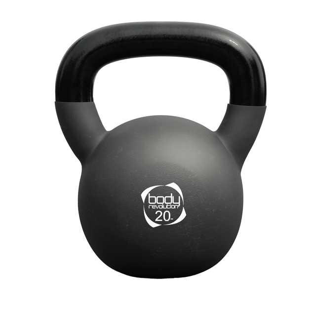 Schwarze 20 kg Neopren-Kettlebell mit ergonomischem Griff, runder Form und glatter Oberfläche, ideal für Krafttraining und Fitnessübungen