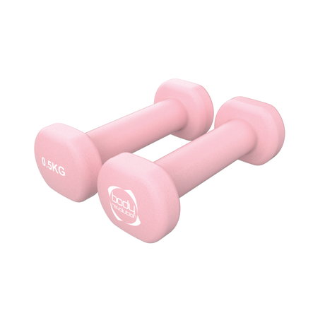 Zwei rosa Neopren-Hanteln mit einem Gewicht von 0,5 kg, rutschfester Griff, kompakte Form und ideal für Fitnessübungen und Krafttraining