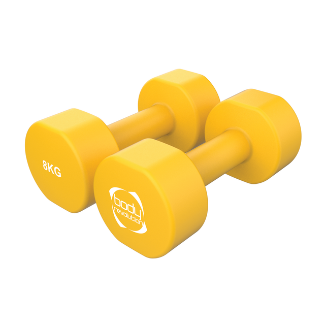 Neopren-Hanteln in leuchtendem Gelb, jeweils 8 kg schwer, mit rutschfester Oberfläche und ergonomischem Design für komfortables Training