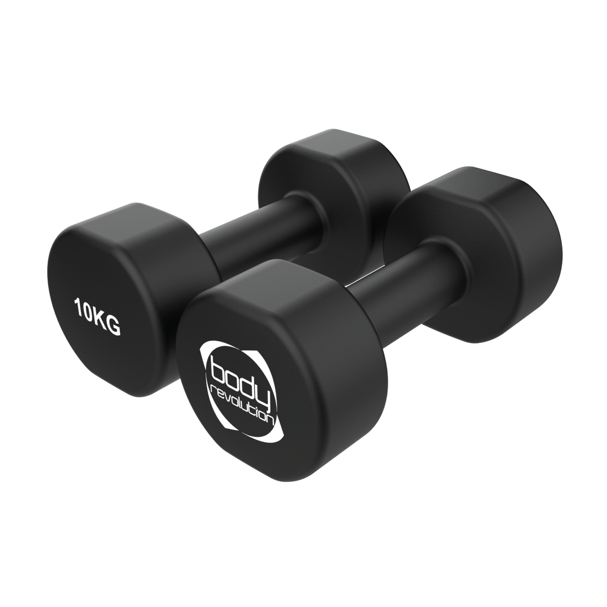 Schwarze Neopren-Hanteln mit einem Gewicht von 10 kg, sechseckiger Form, rutschfester Oberfläche und markantem Logo für verbesserten Grip und Komfort