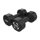 Schwarze Neopren-Hanteln mit einem Gewicht von 10 kg, sechseckiger Form, rutschfester Oberfläche und markantem Logo für verbesserten Grip und Komfort