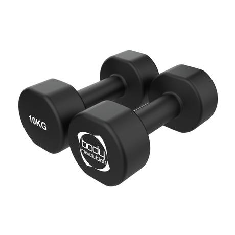 Schwarze Neopren-Hanteln mit einem Gewicht von 10 kg, sechseckiger Form, rutschfester Oberfläche und markantem Logo für verbesserten Grip und Komfort