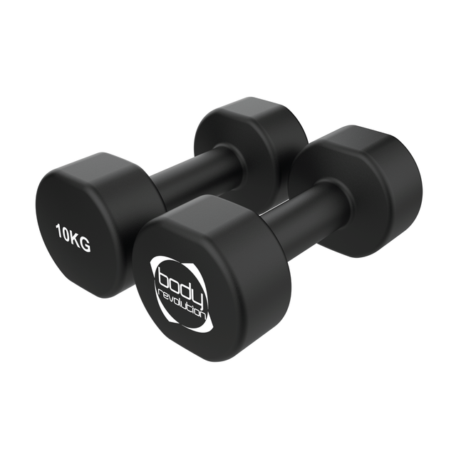Schwarze Neopren-Hanteln mit einem Gewicht von 10 kg, sechseckiger Form, rutschfester Oberfläche und markantem Logo für verbesserten Grip und Komfort
