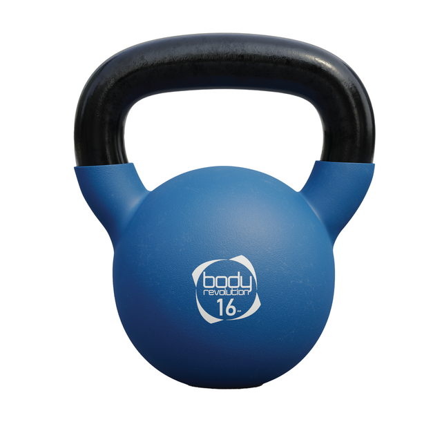 Neopren-Kettlebell in Blau mit schwarzem Griff, 16 kg schwer, ideal für Krafttraining und Fitnessübungen, rutschfeste Oberfläche für sicheren Halt