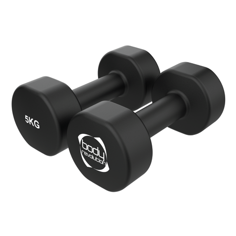 Schwarze Neopren-Hanteln mit einem Gewicht von 2 x 5 kg, sechseckige Form, rutschfeste Oberfläche für sicheren Halt während des Trainings