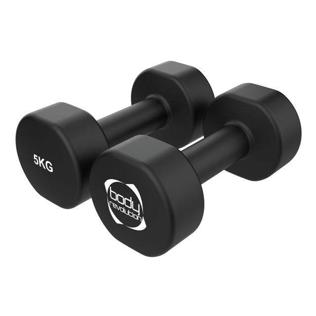 Schwarze Neopren-Hanteln mit einem Gewicht von 2 x 5 kg, sechseckige Form, rutschfeste Oberfläche für sicheren Halt während des Trainings