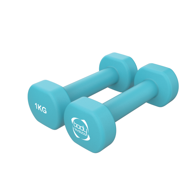 Zwei 1 kg Neopren-Hanteln in leuchtendem Türkis mit rutschfester Oberfläche und ergonomischem Design für komfortables Training