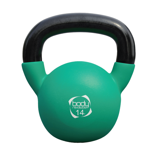 Grüne Neopren Kettlebell mit schwarzem Griff, 14 kg schwer, runde Form, rutschfeste Oberfläche für sicheren Halt während des Trainings