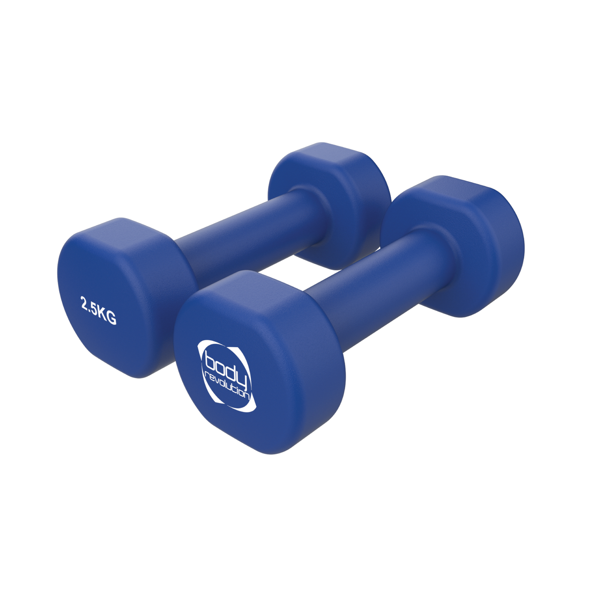 Zwei blaue Neopren-Hanteln mit einem Gewicht von je 2,5 kg, rechteckigen Griffen und rutschfester Oberfläche für besseren Halt beim Training