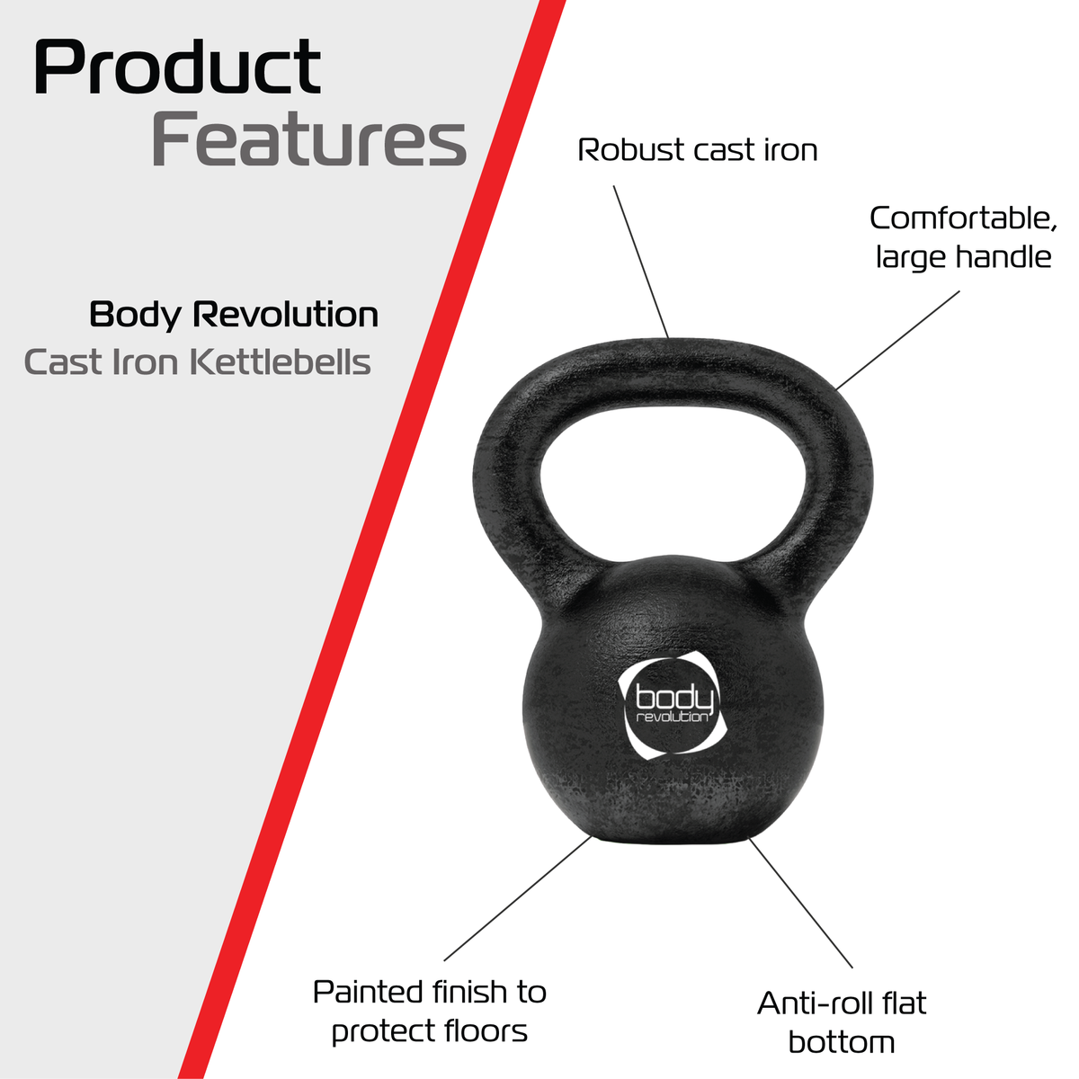 Gusseisen-Kettlebell mit 6 kg, schwarzer, robuster Körper, großer, komfortabler Griff und flachem Boden, ideal für sicheres Training und Bodenschutz