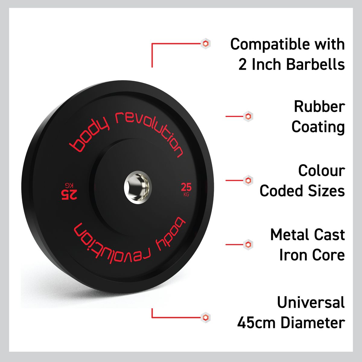 Schwarze Olympische Bumper-Platte von Body Revolution, 30 kg, mit gummierter Oberfläche, rotem Schriftzug und 45 cm Durchmesser, ideal für 2-Zoll-Hanteln