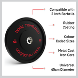 Schwarze Gummi-Bumperplatte von Body Revolution, 25 kg, mit roter Beschriftung, kompatibel mit 2-Zoll-Hanteln, universeller Durchmesser von 45 cm
