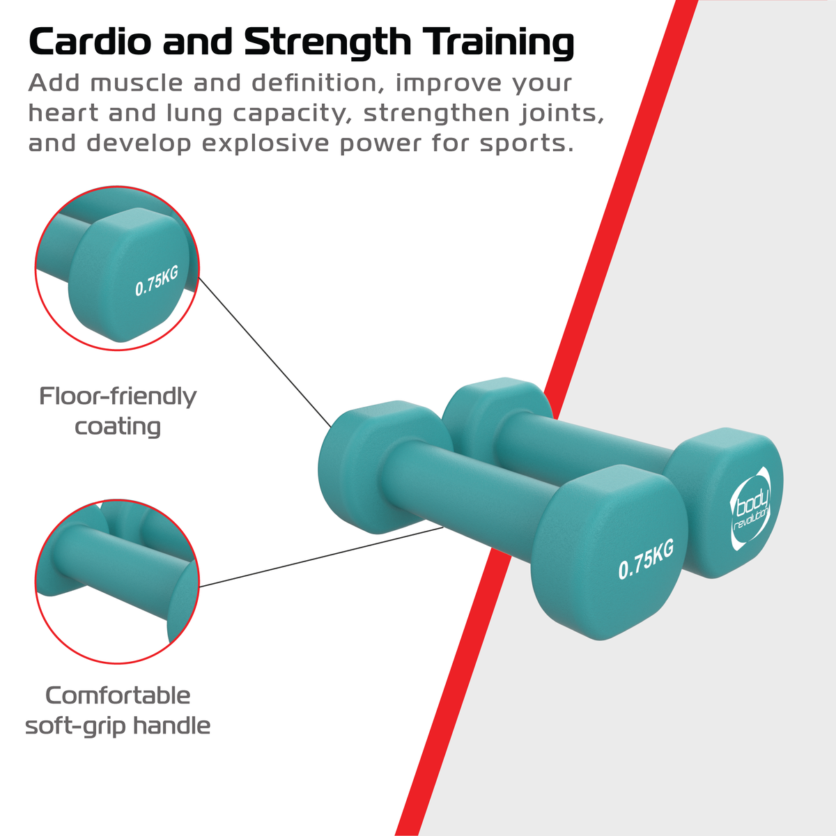 Zwei 0,75 kg Neopren-Hanteln in Türkis mit rutschfestem Griff und bodenschonender Beschichtung, ideal für Krafttraining und Fitnessübungen