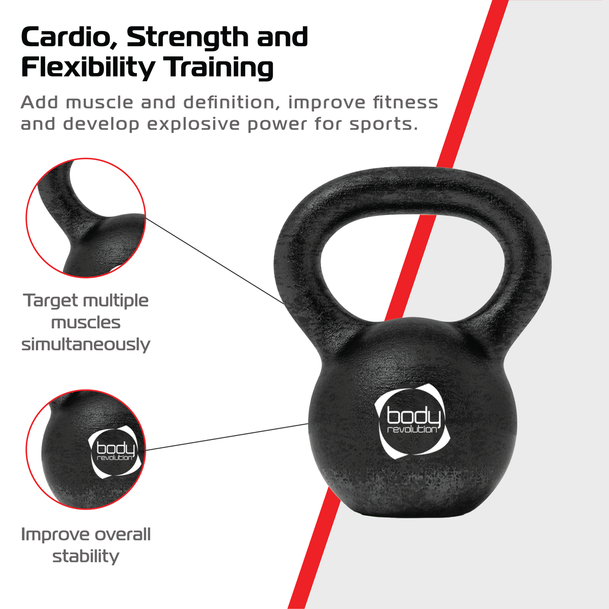 Gusseisen-Kettlebell mit 18 kg, schwarz, runde Form, ergonomischer Griff, ideal für Kraft- und Flexibilitätstraining, vielseitig einsetzbar