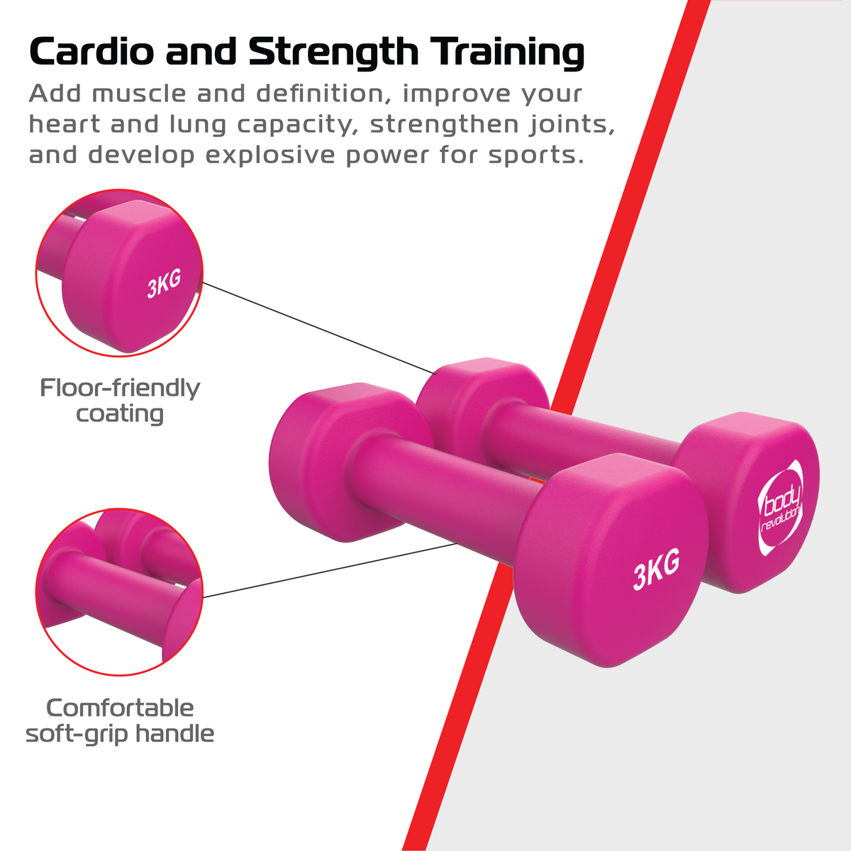 Neopren-Hanteln in leuchtendem Pink mit 3 kg Gewicht, rutschfestem Griff und bodenschonender Beschichtung für effektives Krafttraining