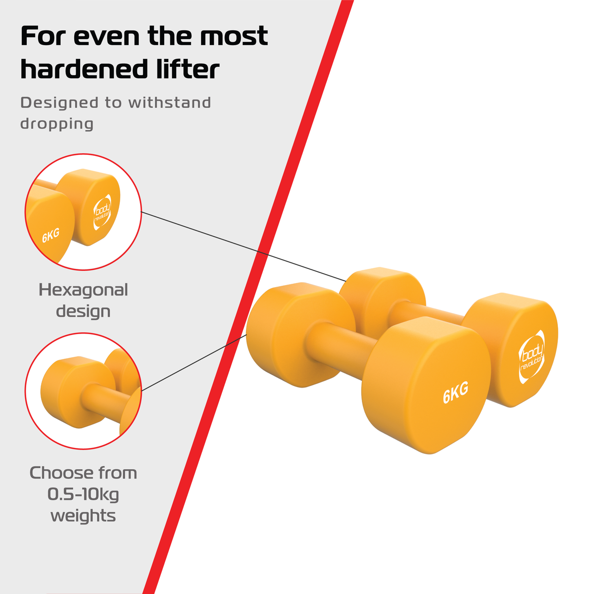 Neopren-Hanteln in leuchtendem Orange, hexagonales Design, 2 x 6 kg, ideal für Krafttraining, rutschfeste Oberfläche für besseren Halt