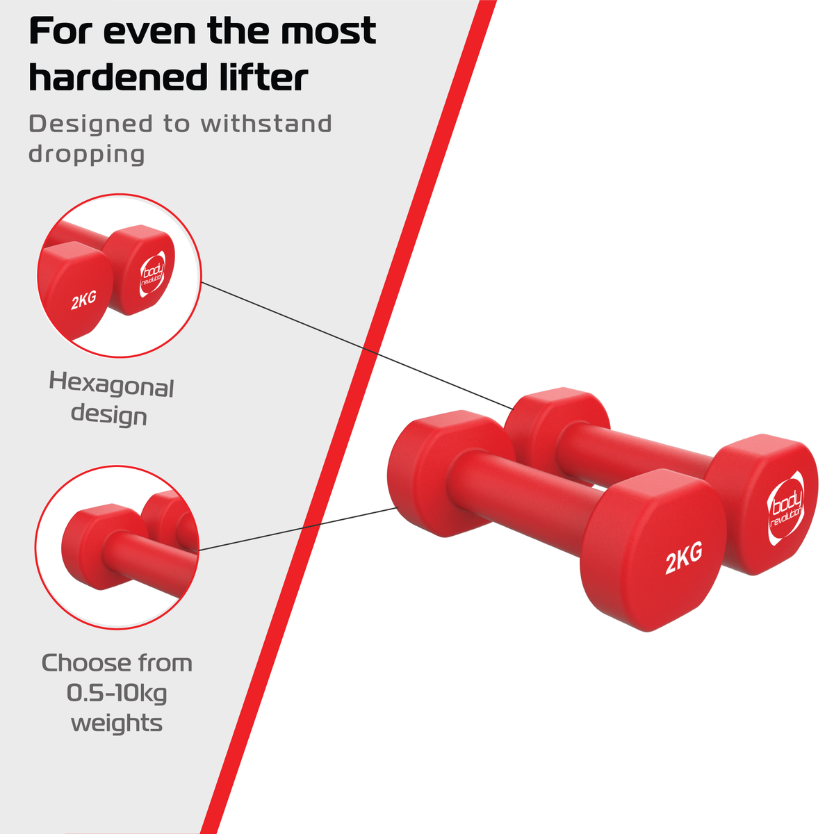 Rote Neopren-Hanteln mit hexagonalem Design, jeweils 2 kg schwer, ideal für Fitness und Krafttraining, rutschfeste Oberfläche für besseren Halt