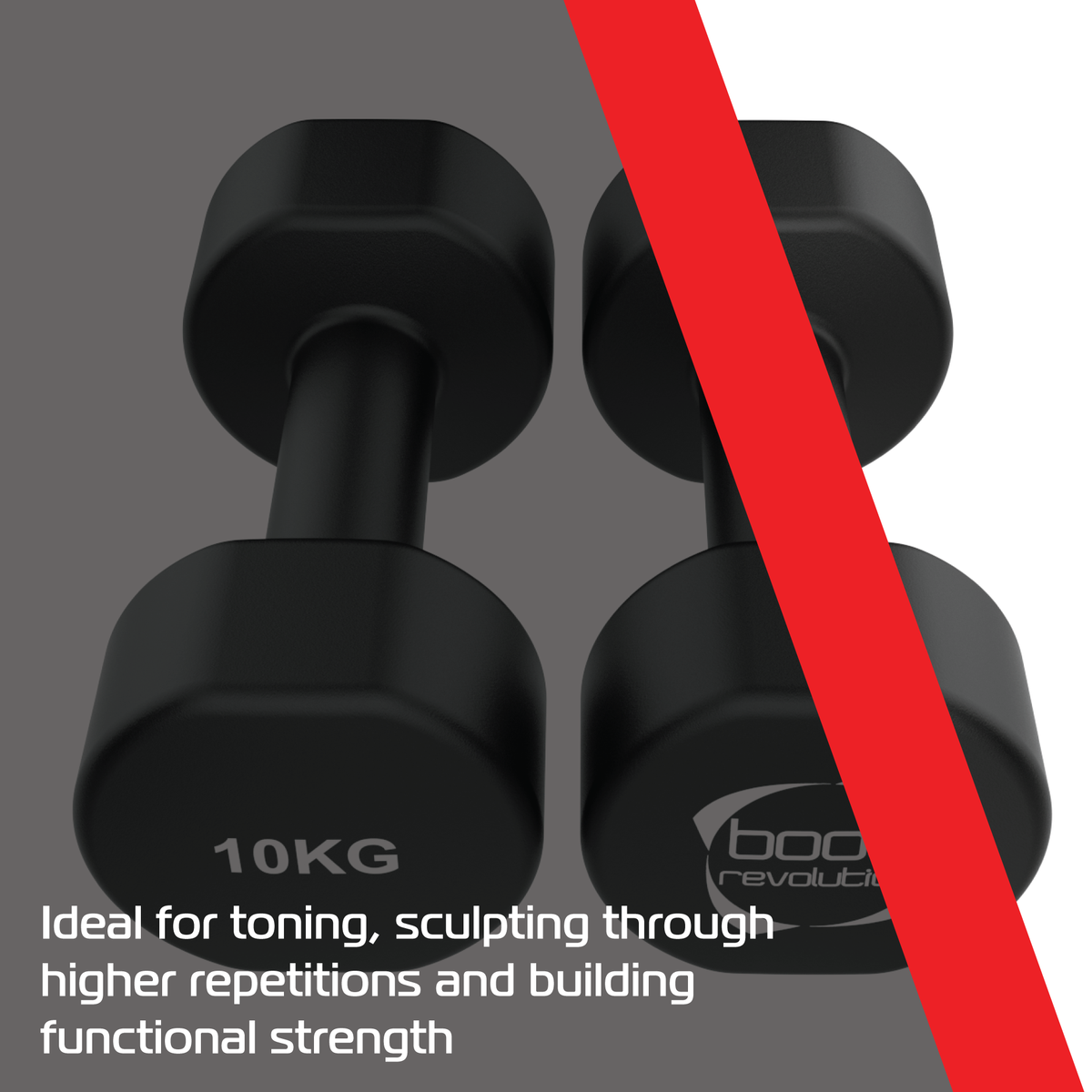 Schwarze Neopren-Hanteln mit 10 kg, rechteckigem Griff und rutschfester Oberfläche, ideal für Krafttraining und funktionelle Fitness
