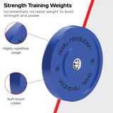 Blaues 20 kg Olympisches Gummigewicht von Body Revolution mit weicher Oberfläche, ideal für Krafttraining und Leistungssteigerung