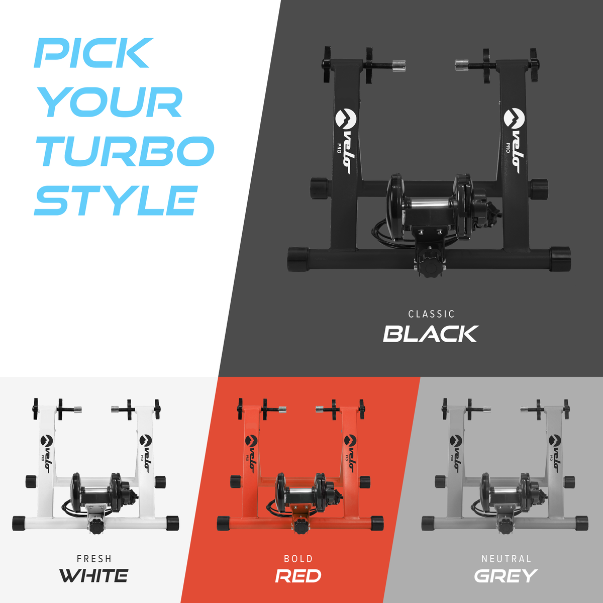 Schwarzer magnetischer Rollentrainer von Velo Pro, stabiler Rahmen, verstellbare Widerstandsstufen, ideal für Indoor-Training und Fitness